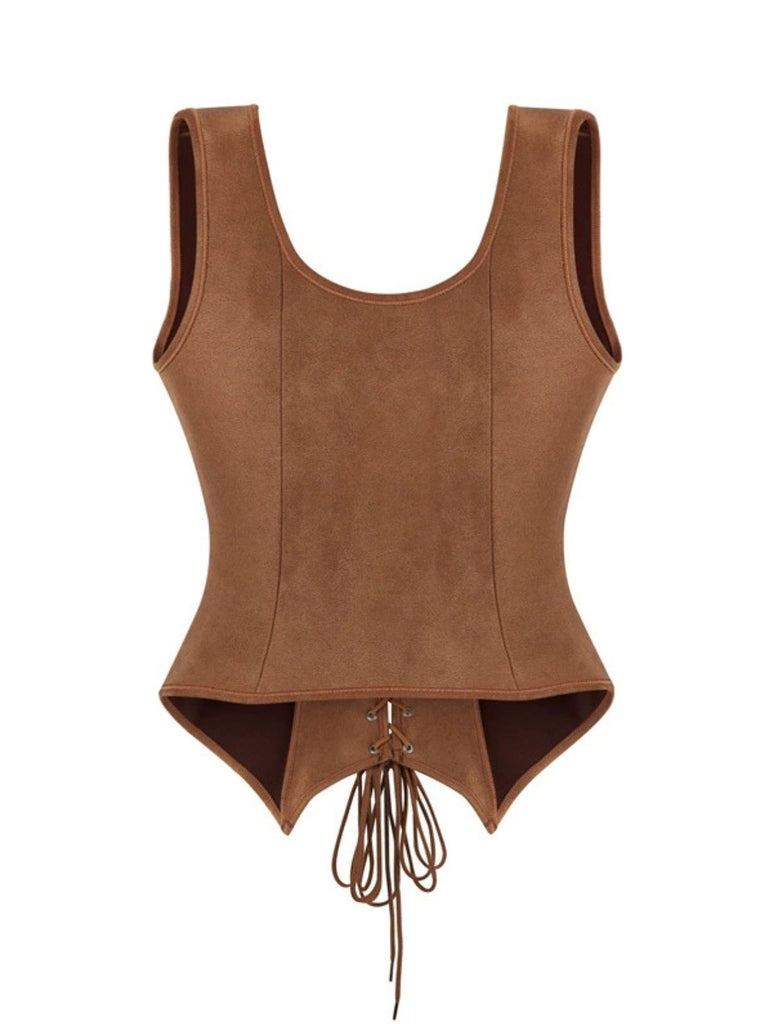 Braun 1950er Suede Schnürung Korsett Weste