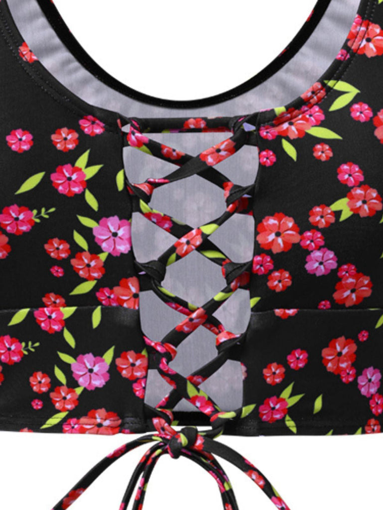 Schwarz 1940er Kleine Blumen Schnürung Tankini Set