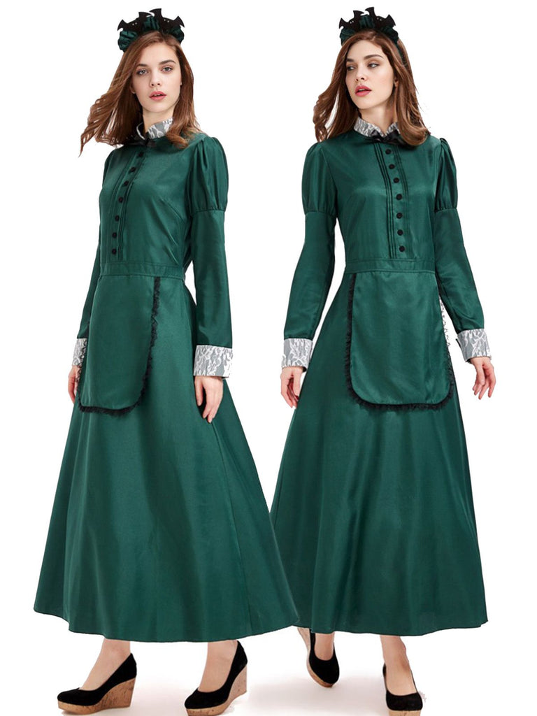Grün 1950er Viktorianisch Satin Lang Dienstmädchen Kleid
