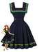 Marineblau 1950er Quadratischer Hals Wellig Streifen Ärmellos Kleid