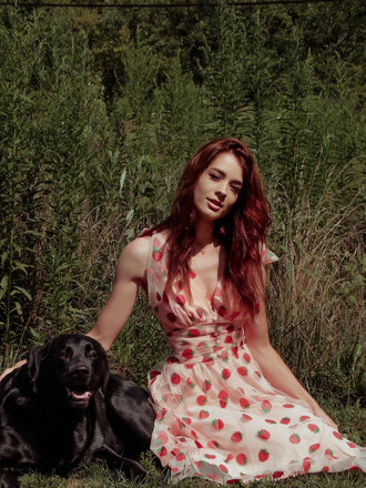 Rosa 1950er Erdbeer Netz Swing Kleid