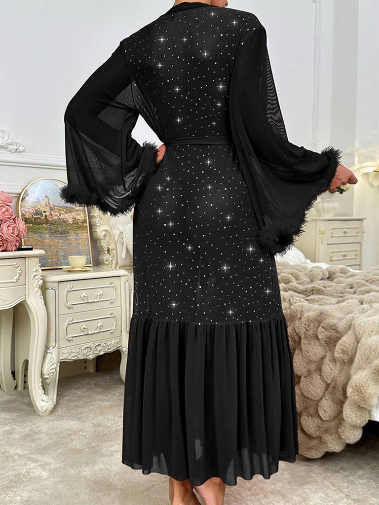 Schwarz 1970er Sheer Funkeln Netz Gürtel Bademantel