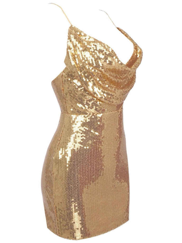 Gold 1970er Solide Pailletten Mini Party Kleid