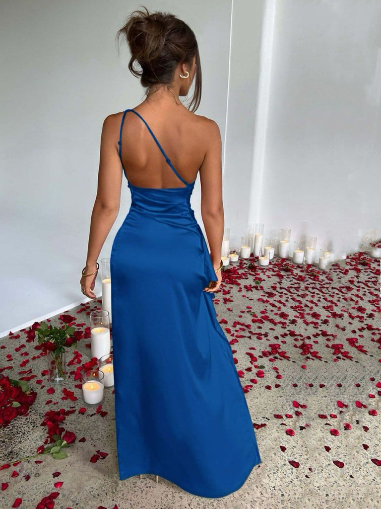 1960er Eine Schulter Gerüscht Schlitz Satin Kleid