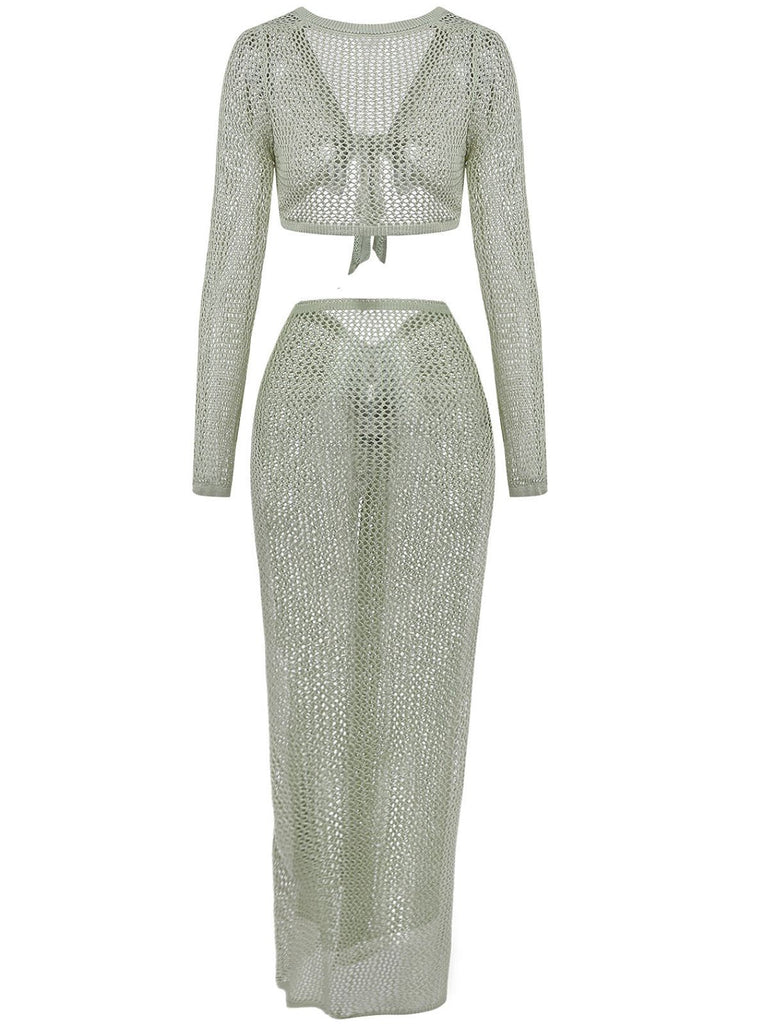 2PCS 1960er Häkel Langarm Strand Cover-Up Set