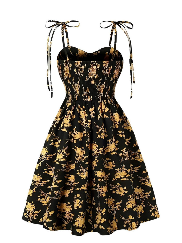 [Große Größen] Orange 1940er Kleine Blumen Spaghetti Träger Schnürung Kleid