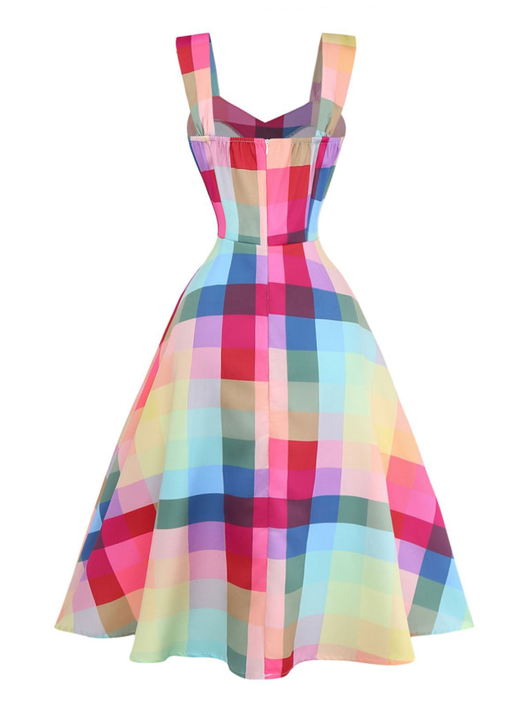 Bunt 1950er Karo Breite Träger A-Linie Kleid
