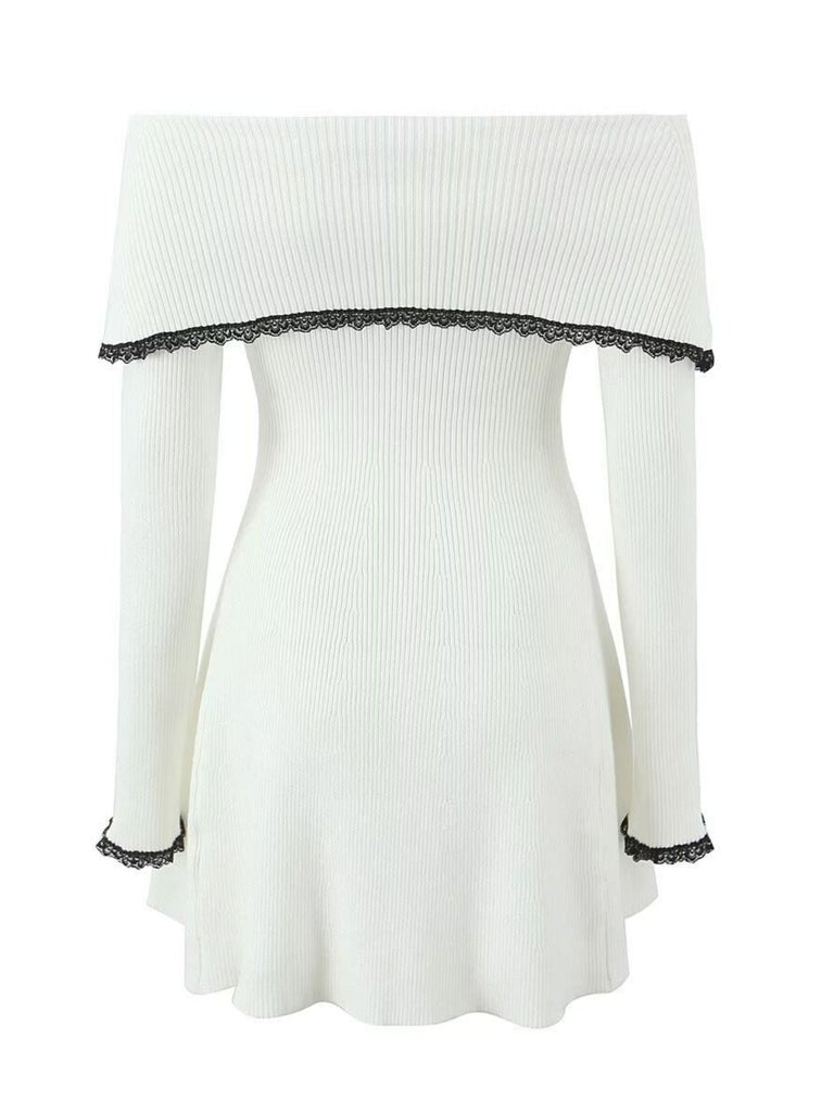 Weiß 1970er Schulterfrei Spitze Stricken Kleid