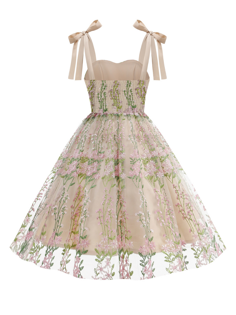 1950er Bestickt Netz Schnürung Herzförmiger Hals Kleid