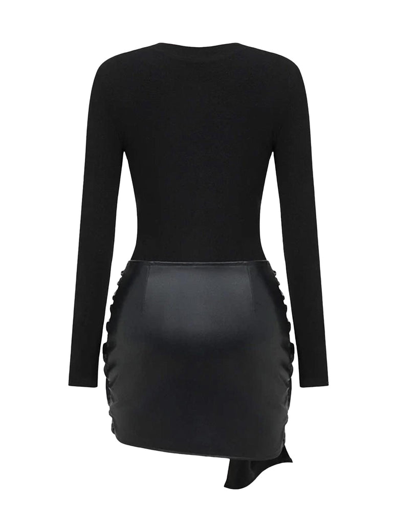 1980er Faux Leder Bogen Langarm Kleid