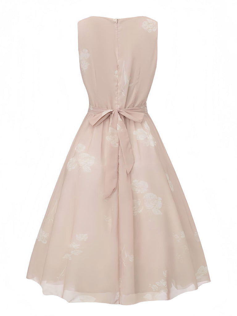 Rosa 1940er V-Ausschnitt Blumen Gürtel Ärmelloses Kleid
