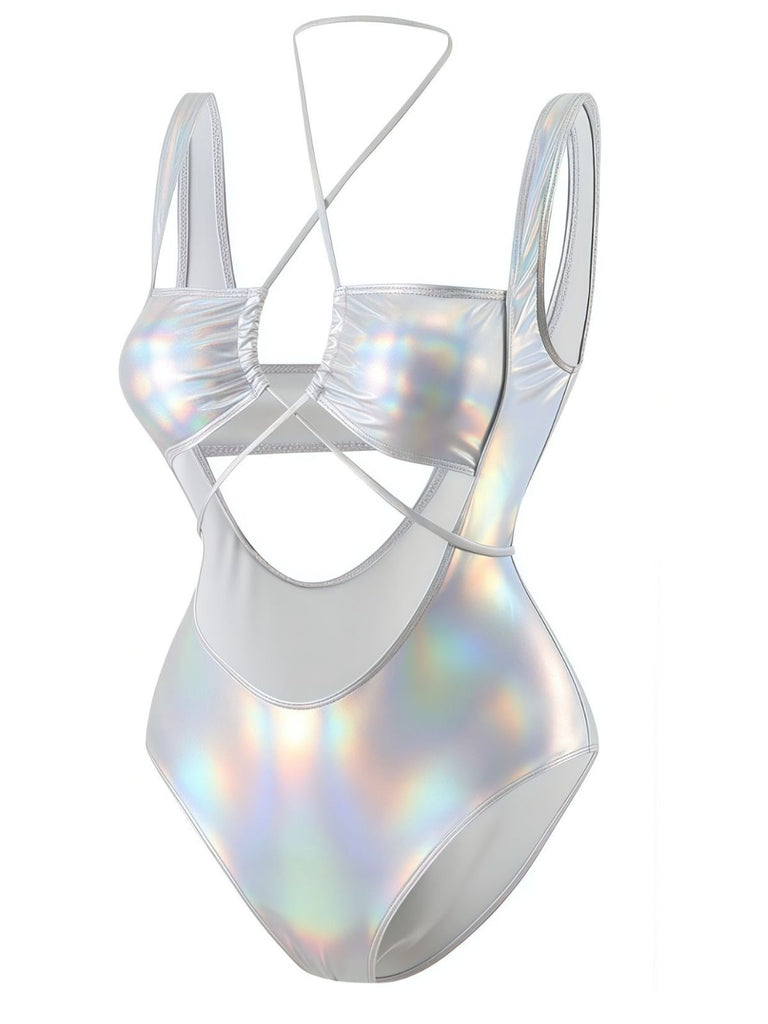 1970er Halter Hohl Metallisch Badeanzug