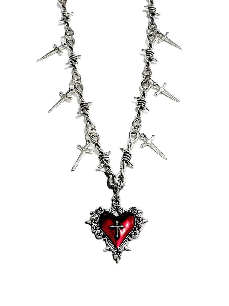 Vintage Weinrot Herz Kreuz Halskette