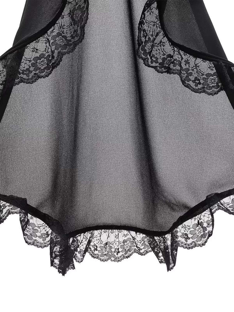 Schwarz Spitze Chiffon Lang Ausgestellte Ärmel