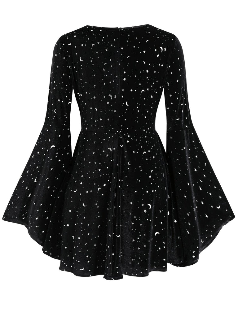 [Übergröße] Schwarz 1960er Stern V-Ausschnitt Samt Kleid