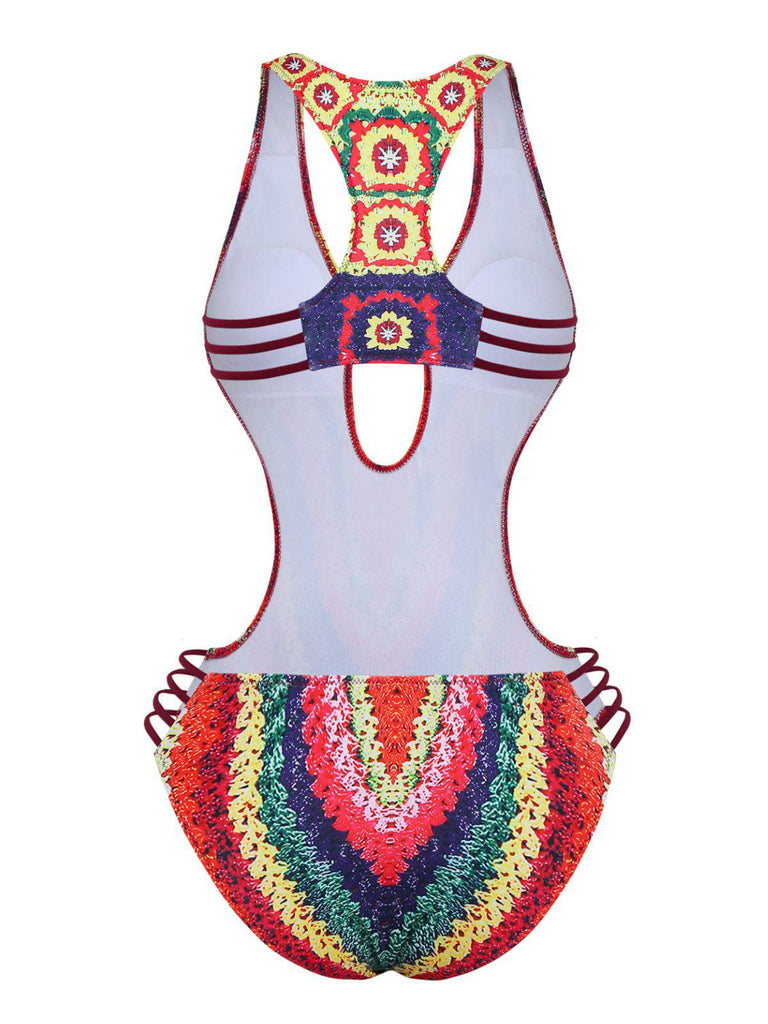 1960er Regenbogen Cutout Riemchen Kunst-Häkel Einteilig Badeanzug