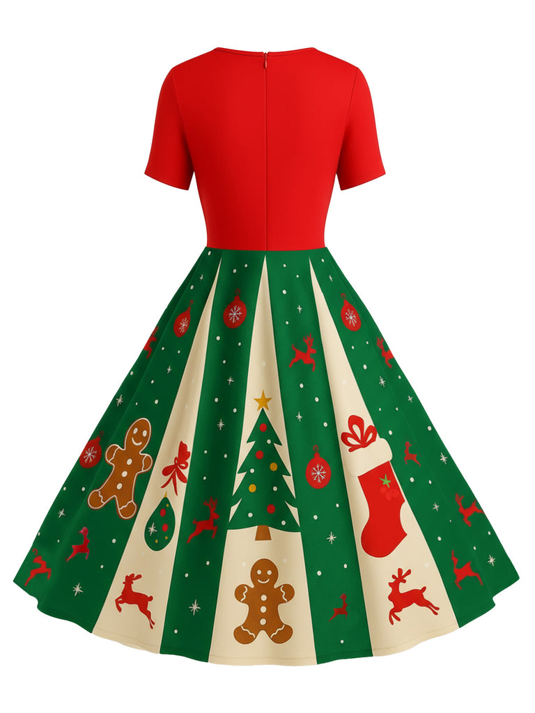 Rot & Grün 1950er Weihnachten Schneeflocke Swing Kleid