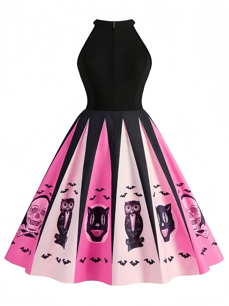 Schwarz & Rosa 1950er Halloween Gruseliger Druck Swing Kleid