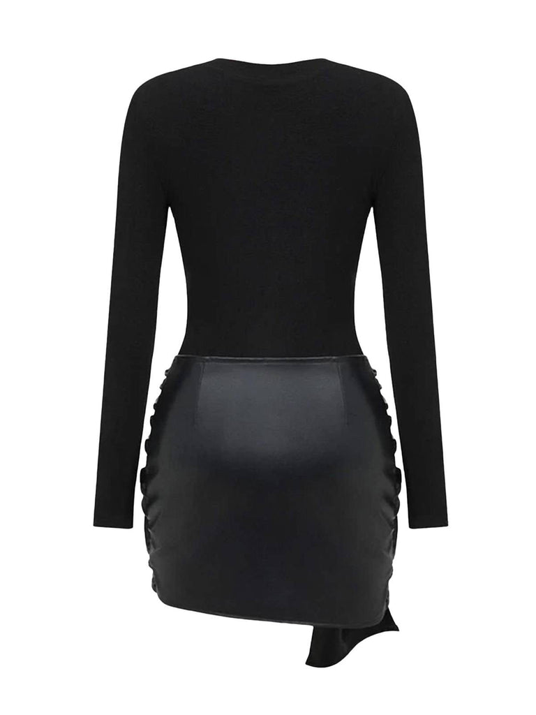 1980er Faux Leder Bogen Langarm Kleid