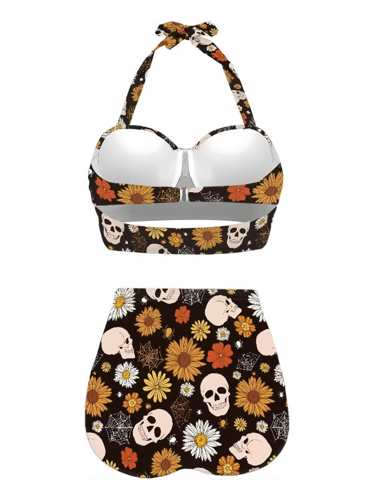 Schwarz 1950er Blumen Schnürung Halter Bademode