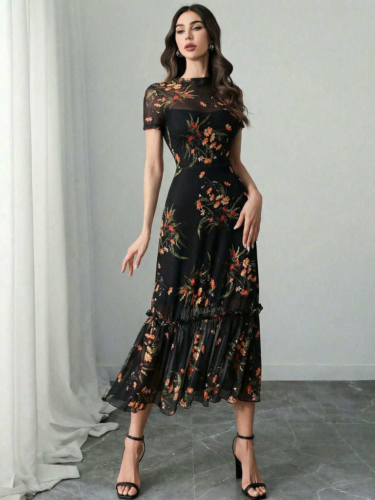 Schwarz 1930er Blumen Netz Rüsche Midi Kleid