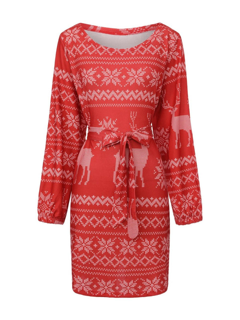 Rot 1960er Weihnachten Reindeer Schneeflocke Gürtel Kleid