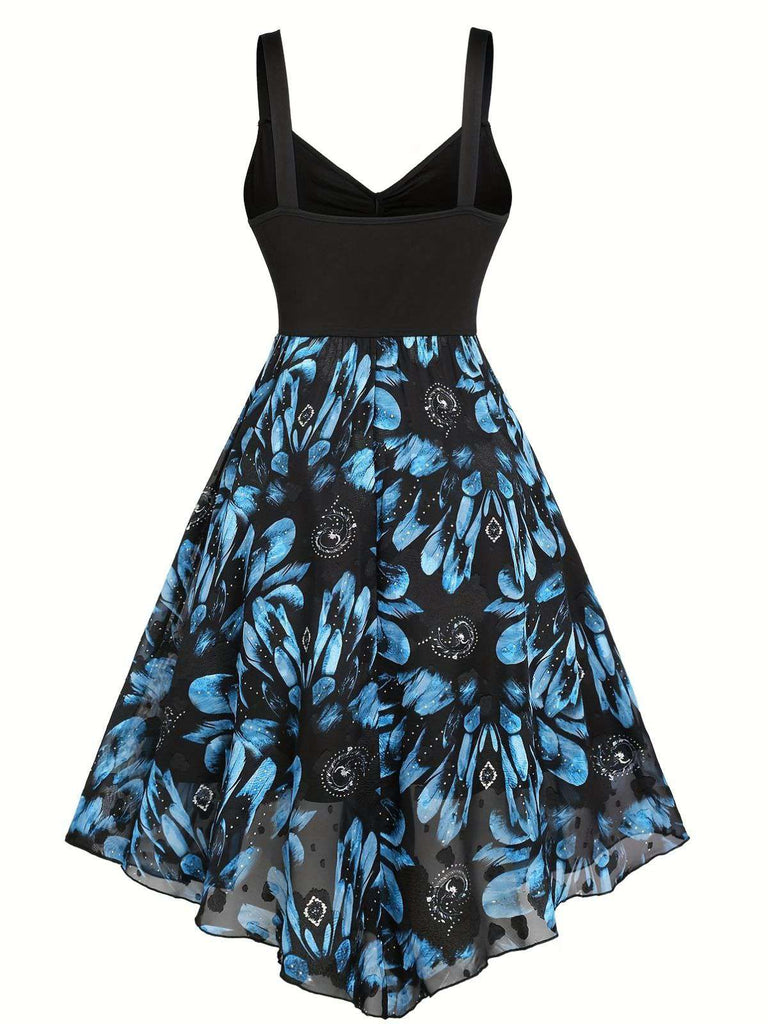 [Übergröße] Dunkelblau 1950er Feder Jacquard Asymmetrisch Kleid