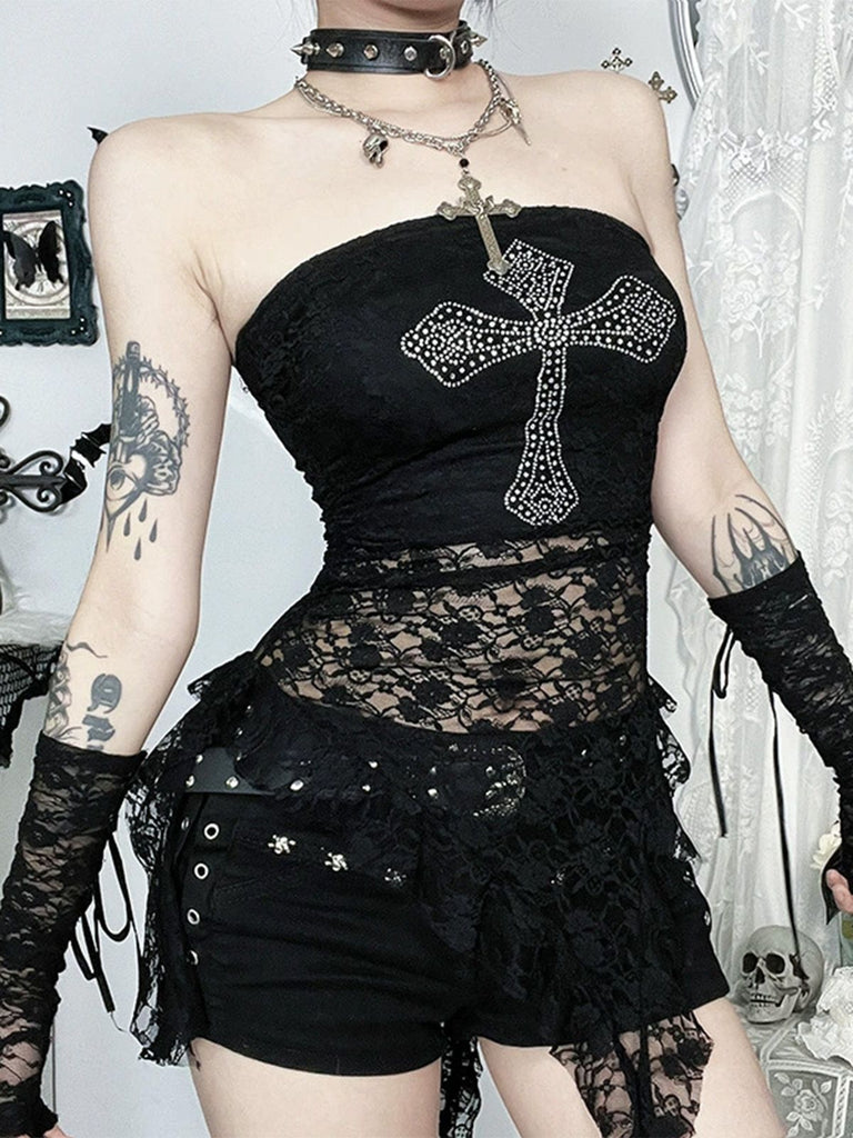 Schwarz 1980er Kreuzen Strassstein Spitze Trägerlos Tank Top