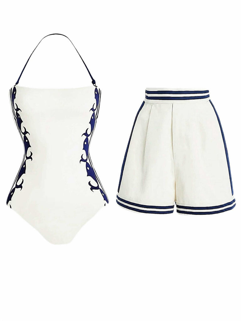 1940er Halter Bademode & Sailor-Streifen Shorts Set