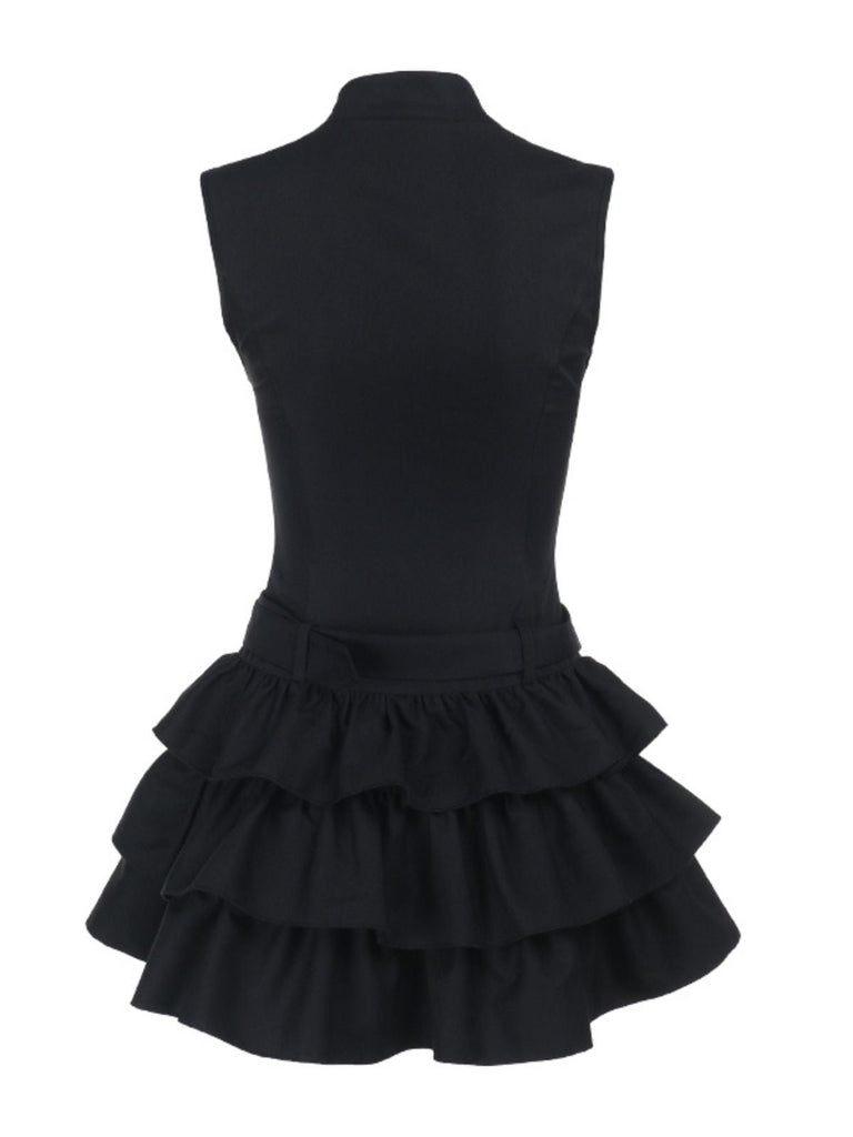 Schwarz 1980er Steampunk Solide Reißverschluss Gürtel Kleid