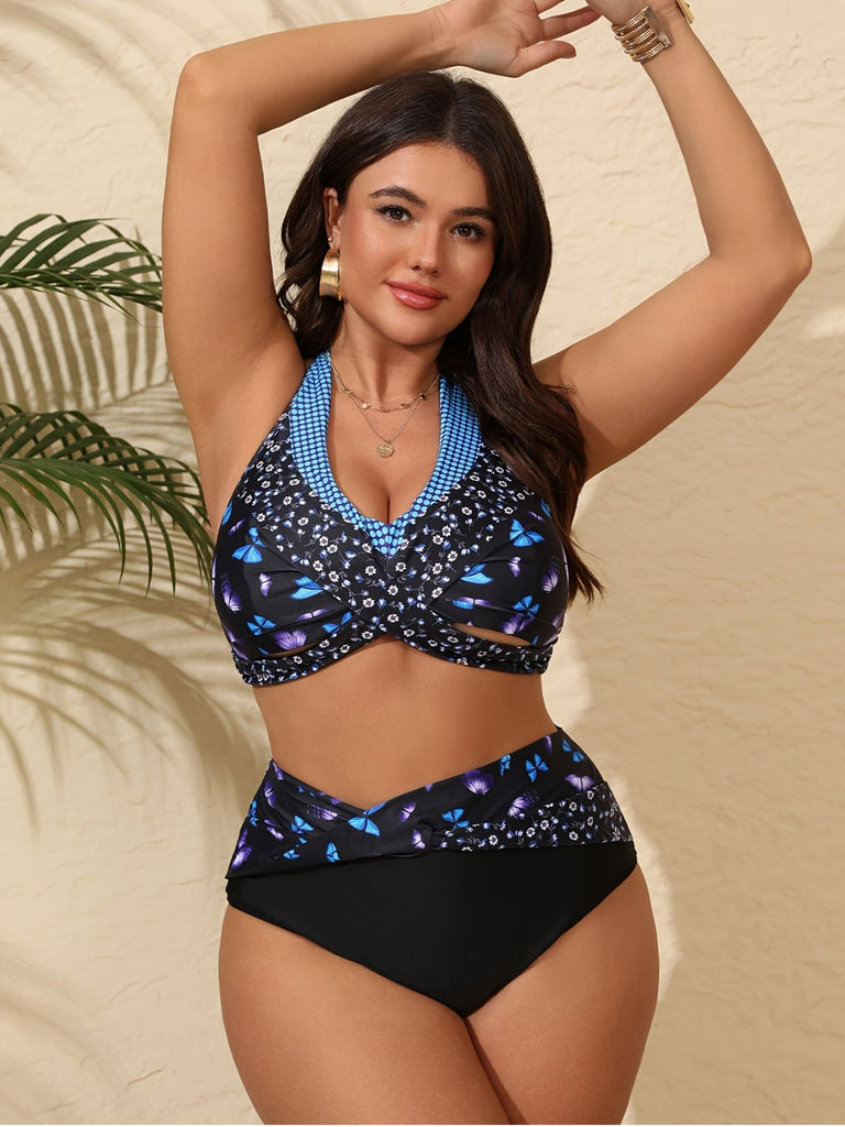 [Große Größen] 1950er Halfter Schmetterlinge Blumen Bikini Set