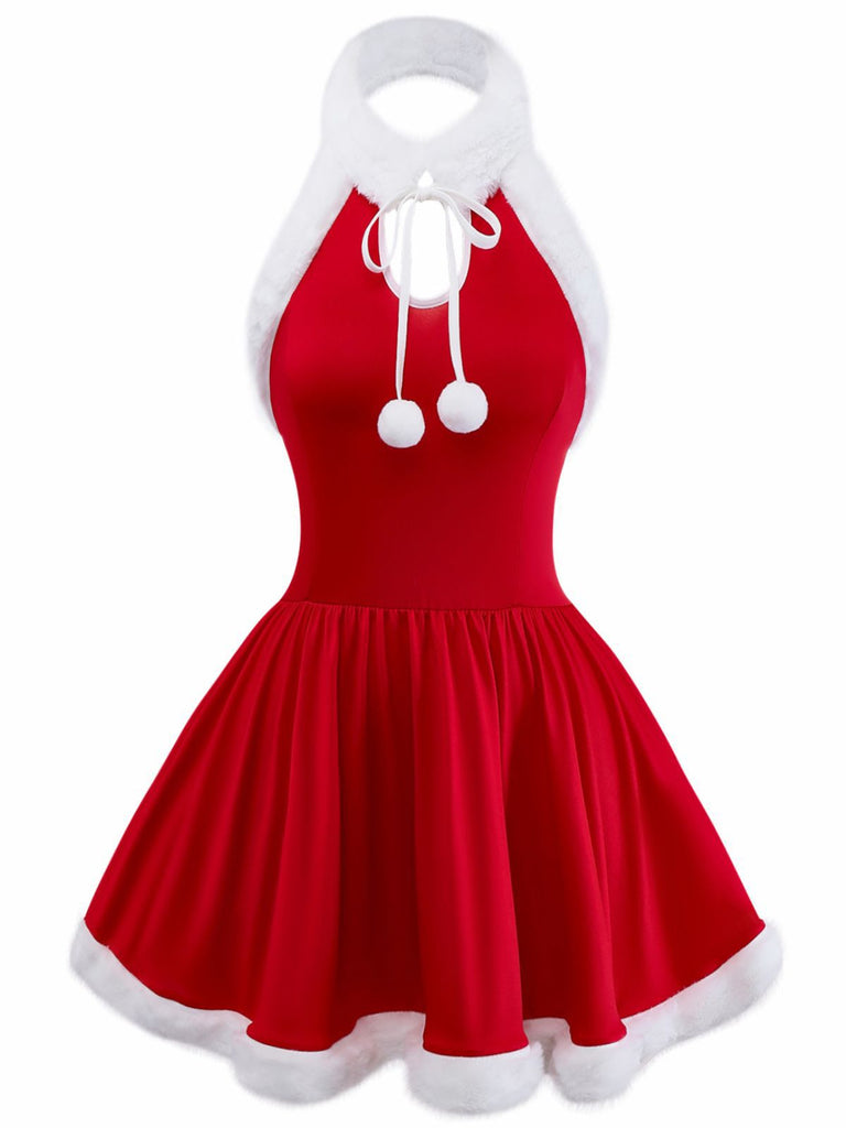 Rot 1950er Solide Plüschsaum Weihnachten Nachtwäsche