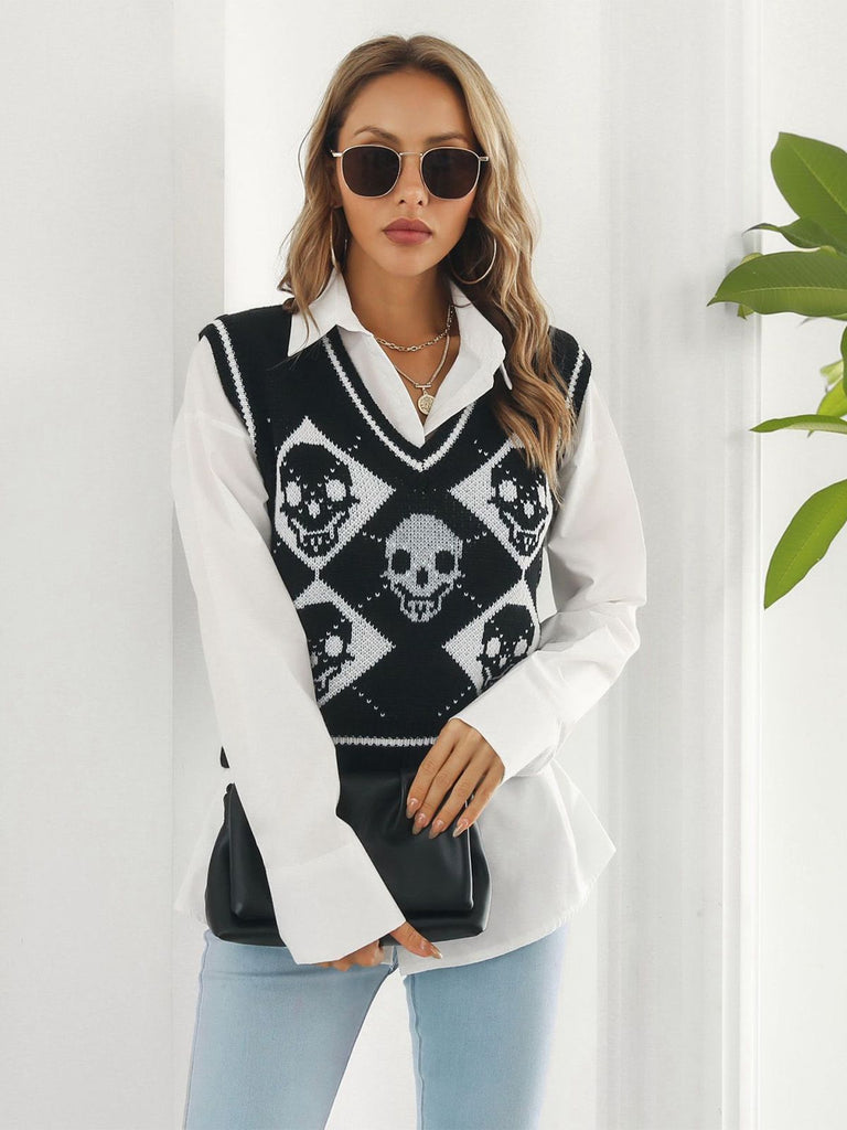 1980er Halloween Schädel Arygle Strickweste