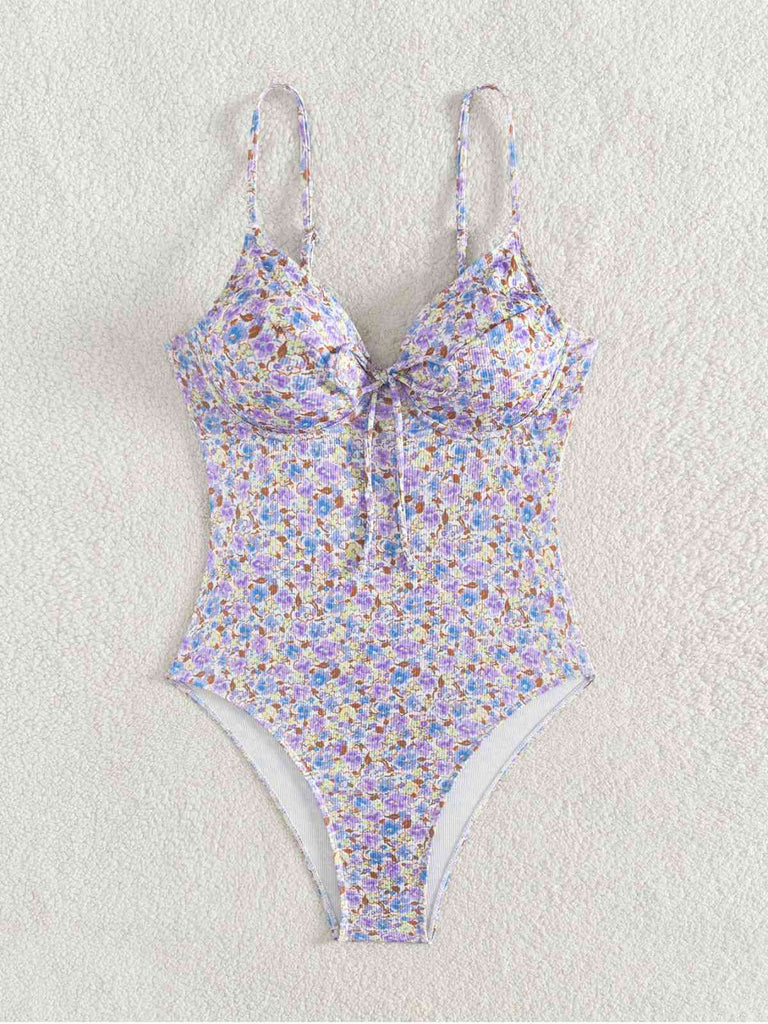 Lila 1950er Kleine Blumen Schnürung Badeanzug