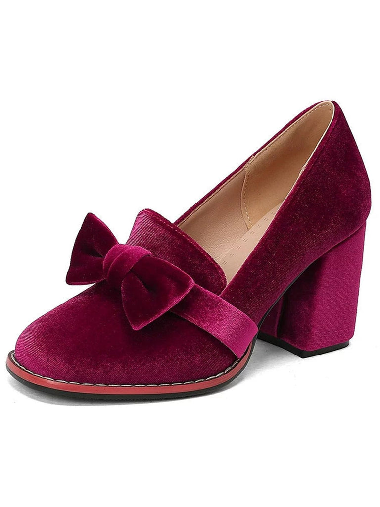 Solide Samt Bogen Detail Block Absatz Schuhe