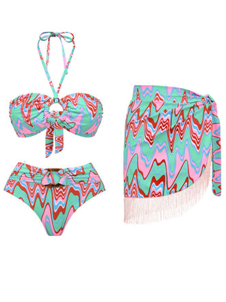 2PCS 1970er Fransendruck Schnürung Halter Bikini Set & Cover-Up