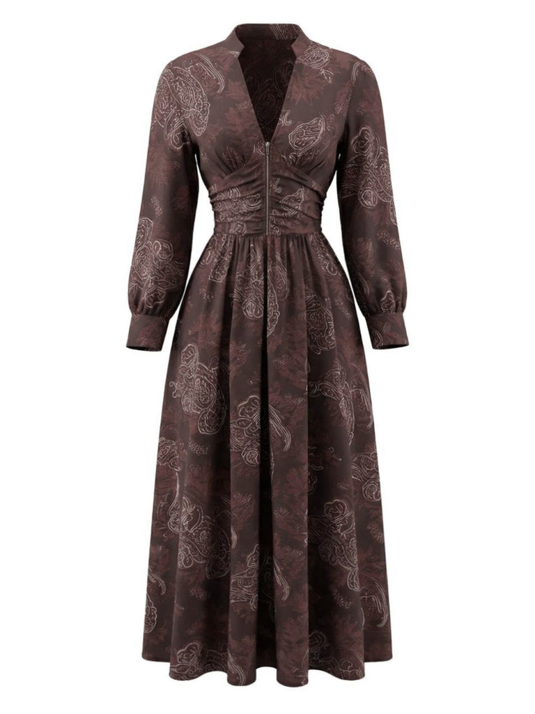 Braun 1970er Boho Paisley Steh V-Ausschnitt Gesmokt Kleid