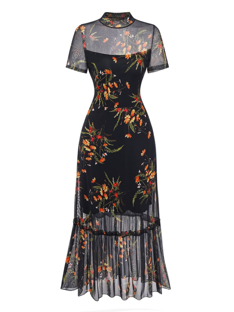 Schwarz 1930er Blumen Netz Rüsche Midi Kleid