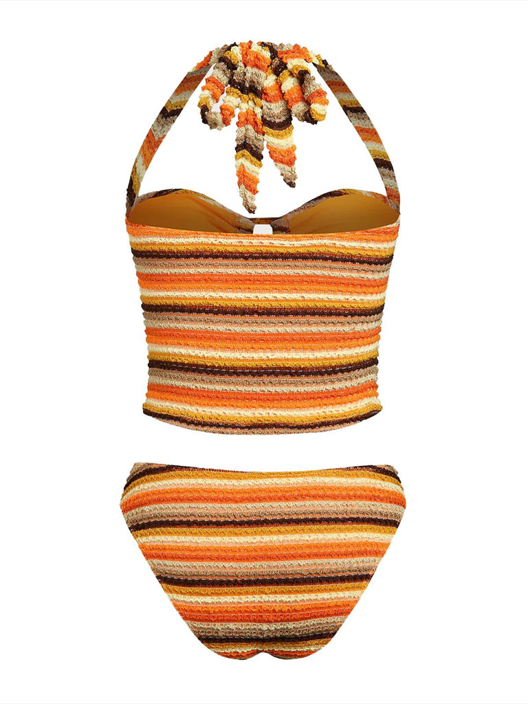 Orange 1980er Stricken Streifen Neckholder Tankini Set