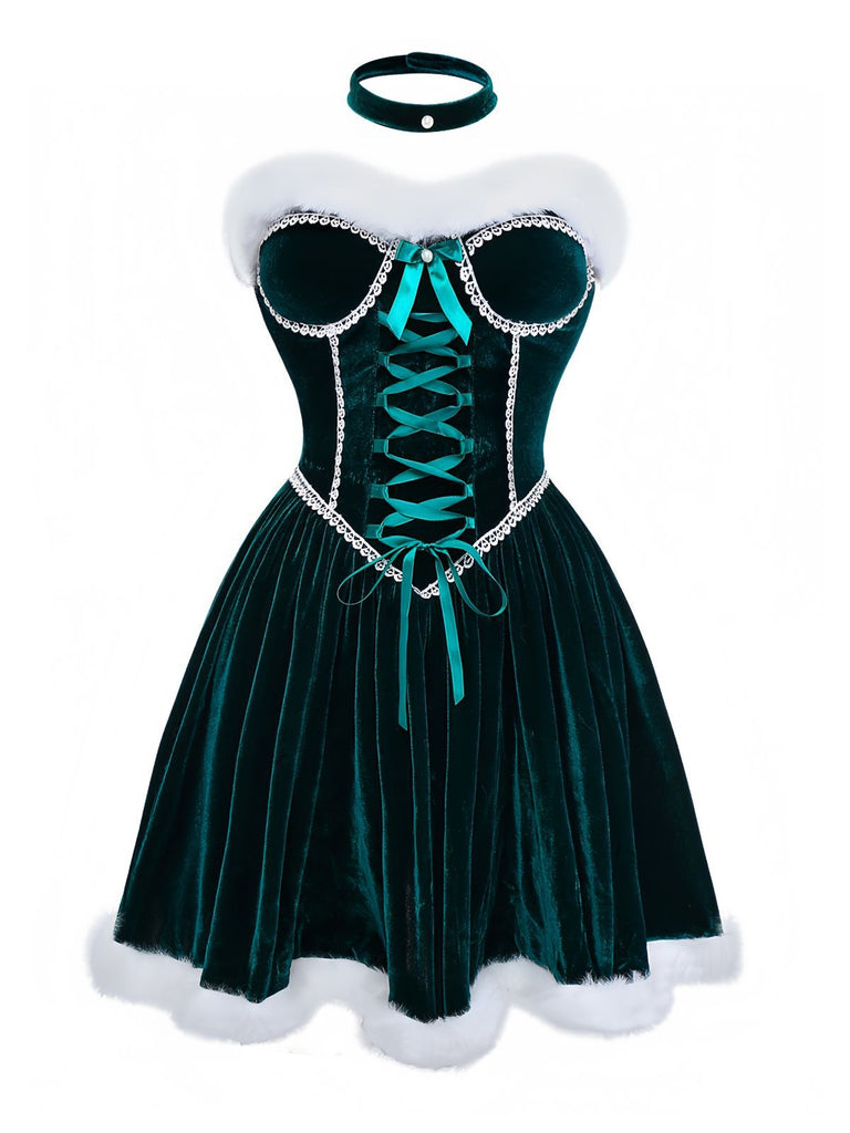 Grün 1960er Samt Trägerloses Schnürung Mini Kleid