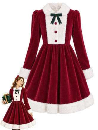 [Vorverkauf] Rotes & weißes 50er Weihnachts-Samtkleid mit Flauschbesatz und Schleife