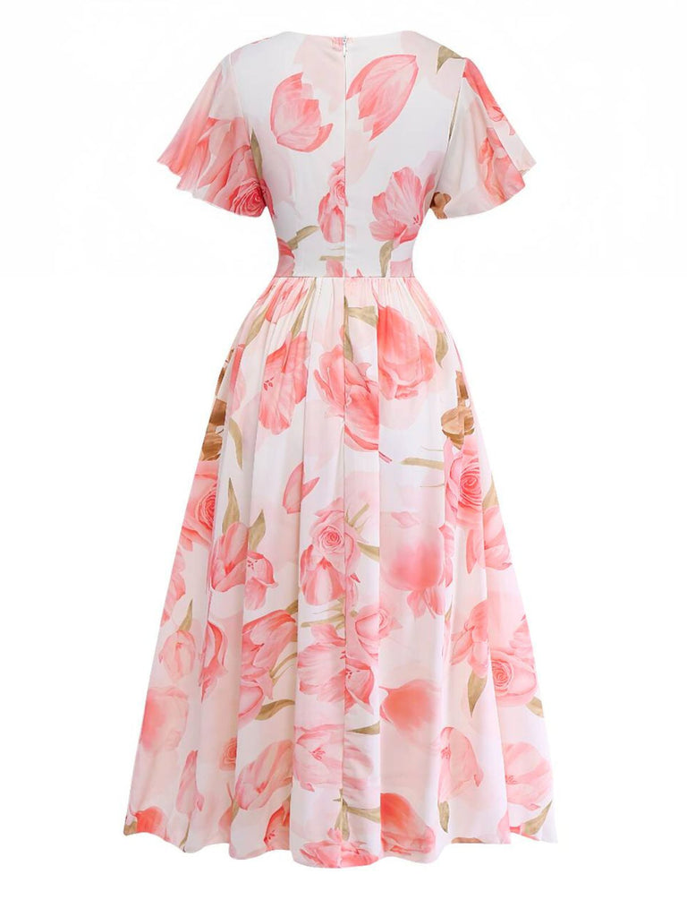 Rosa 1950er Blumen Druck V-Ausschnitt Puffärmel Maxi Kleid