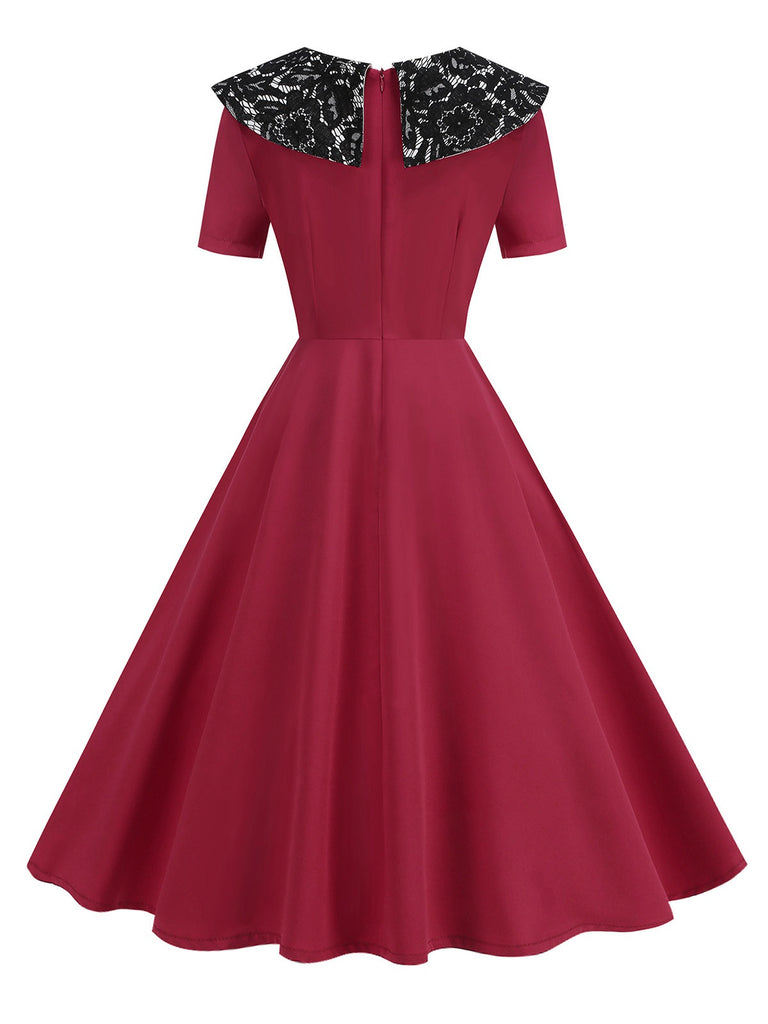Rot 1950er Spitze Blumen Matrosen Kragen Swing Kleid