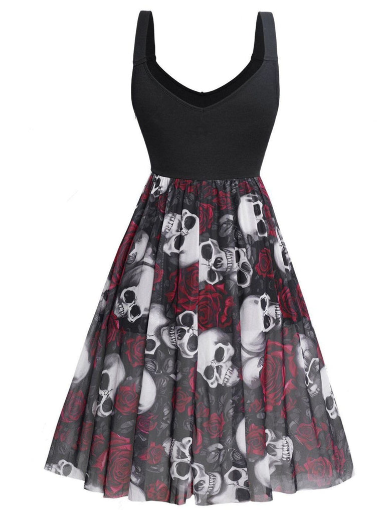 Schwarz 1950er Halloween Träger Schädel Rose Kleid