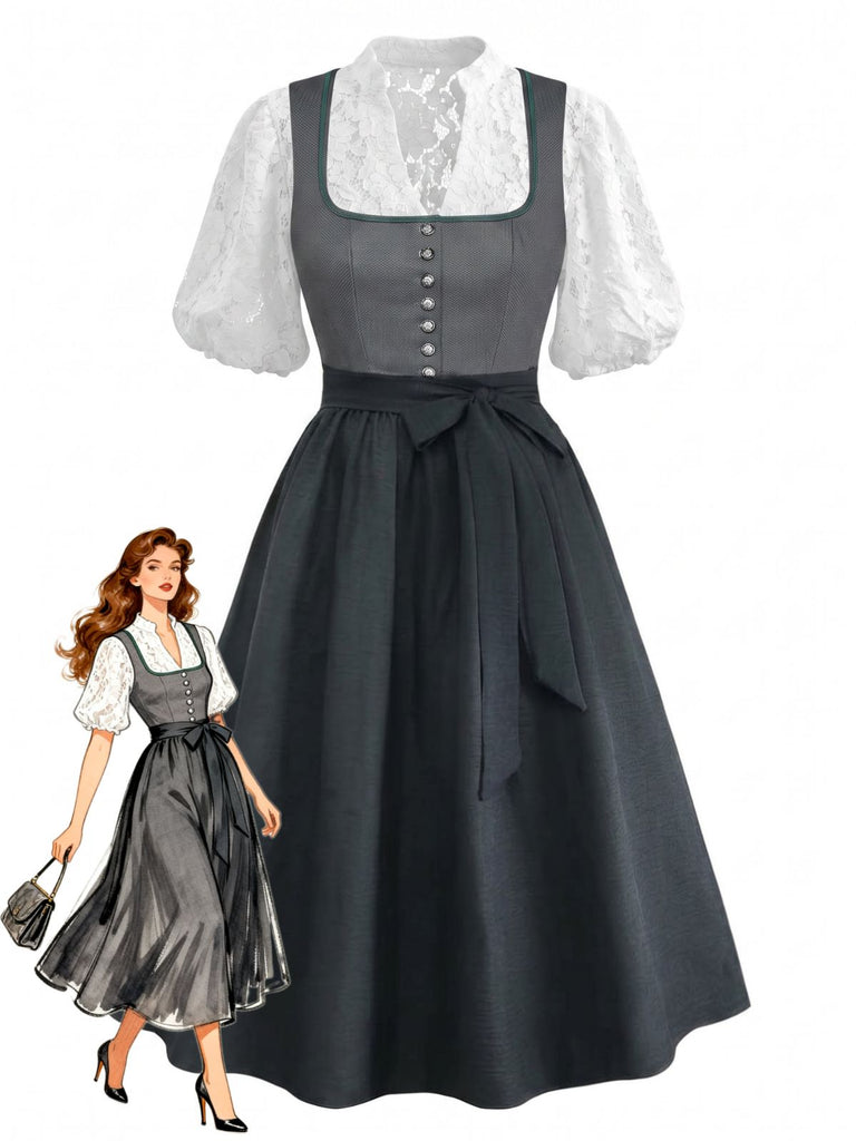 Grünes 50er 3PCS Kleid mit Polka-Dots und Schürze