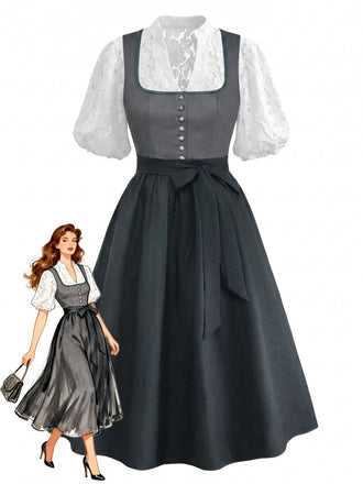 Grünes 50er 3PCS Kleid mit Polka-Dots und Schürze