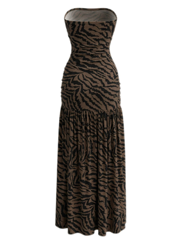 Dunkelbraun 1930er Trägerlos Zebra Muster Netz Schlitz Kleid