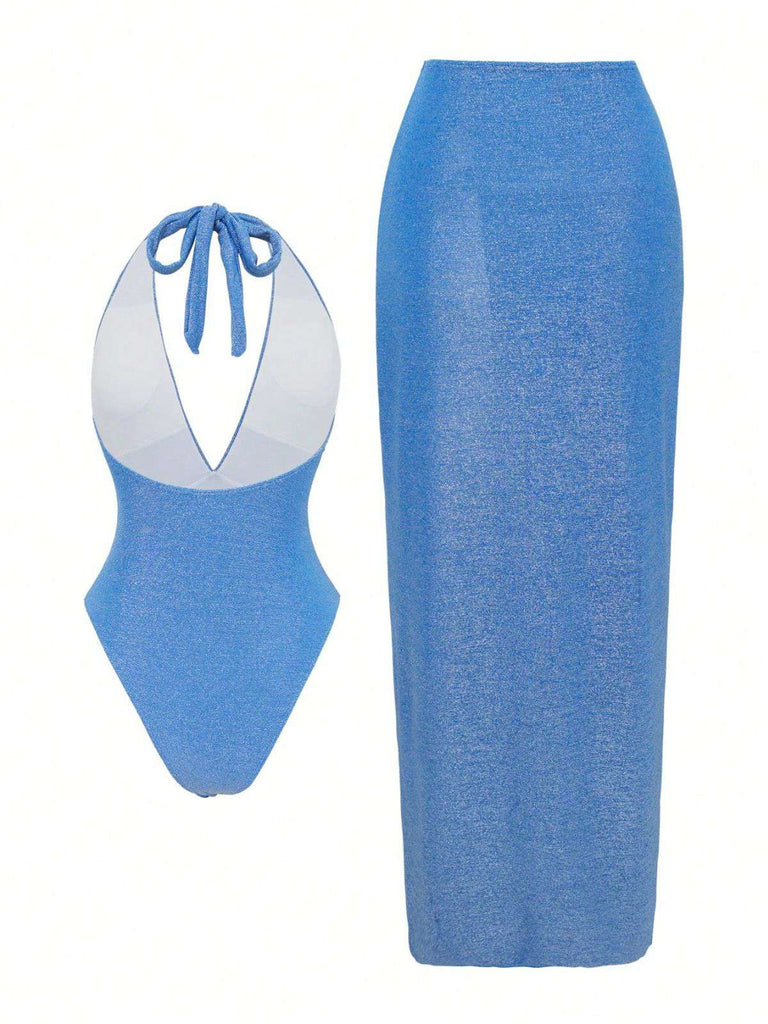 2PCS Blauer See 1950er Seestern Schnürung Halter Badeanzug & Cover-Up