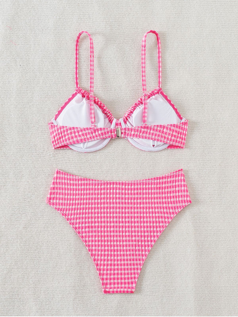 Rosa 1950er Plaid Schnürung Bikini Set