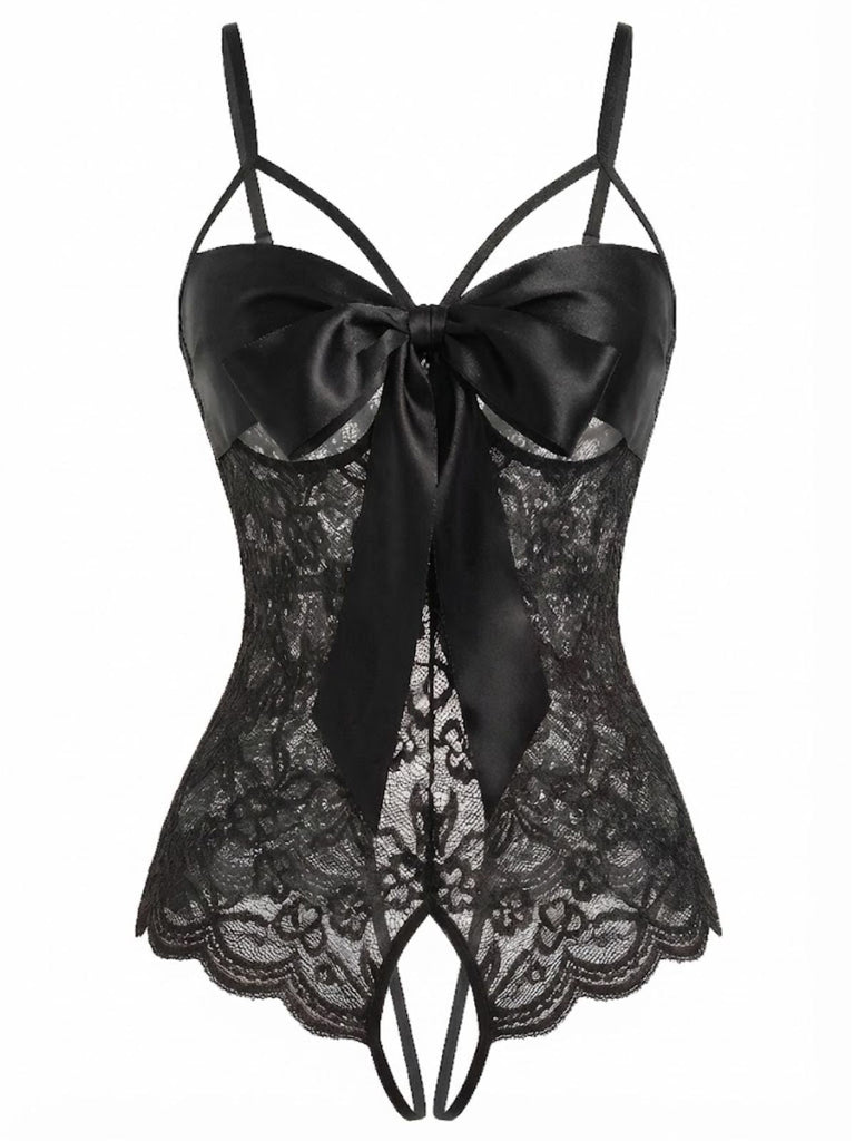 1970er Spitze Satin Bogen Verstellbar Träger Dessous